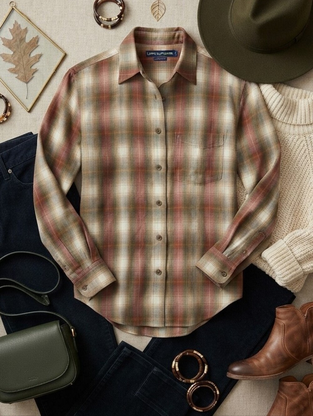 Lauren Ralph Lauren Red Tan Plaid Wool Blend Button Down Long Sleeve Top